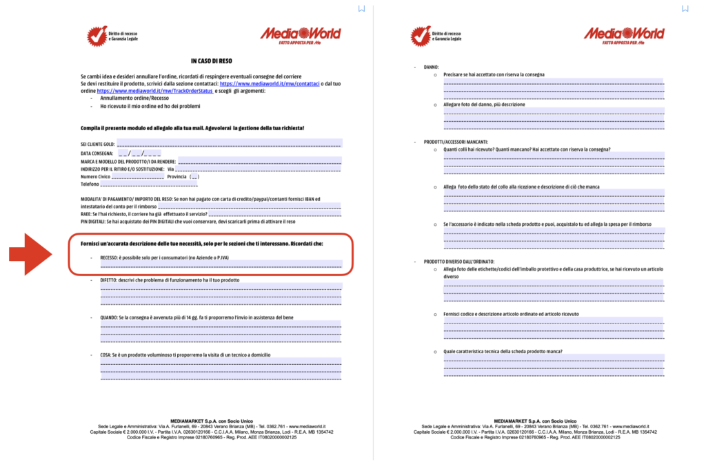 Modulo di recesso di Mediaworld.it