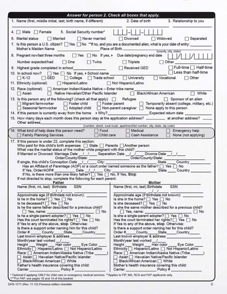 Una pagina del modulo originario usato nello Stato del Michigan